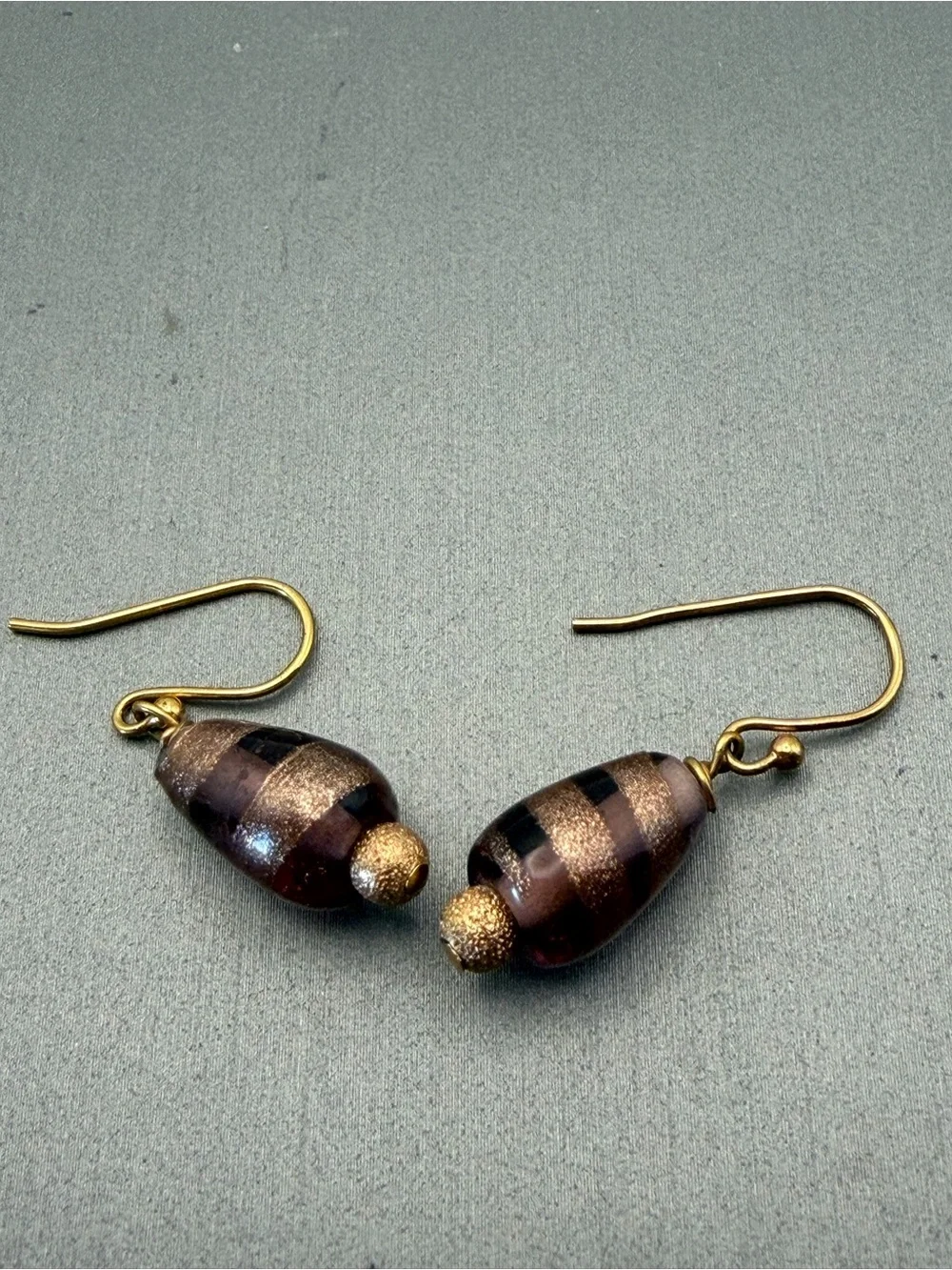 Venetian Gold and Amethyst Swirl Teardrop Glass Earrings Vintage